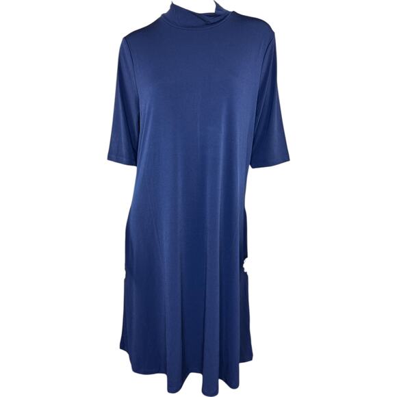 Susan Graver Liquid Knit Mock-Neck Elbow-Sleeve Dress Navy Large - Picture 1 of 16
